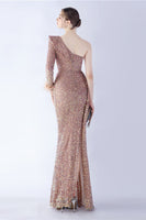 Load image into Gallery viewer, Mermaid One Shoulder Sequin Formal Dress With Feathers