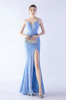 Load image into Gallery viewer, Glitter Mermaid Spaghetti Straps Beaded Symphony Black Formal Dress With Side Slit