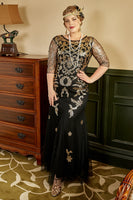 Load image into Gallery viewer, Black Golden Plus Size 1920s Sequins Dress