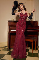 Load image into Gallery viewer, Long Red flapper gown with sequins, V-neck and slim fit, perfect for Great Gatsby party