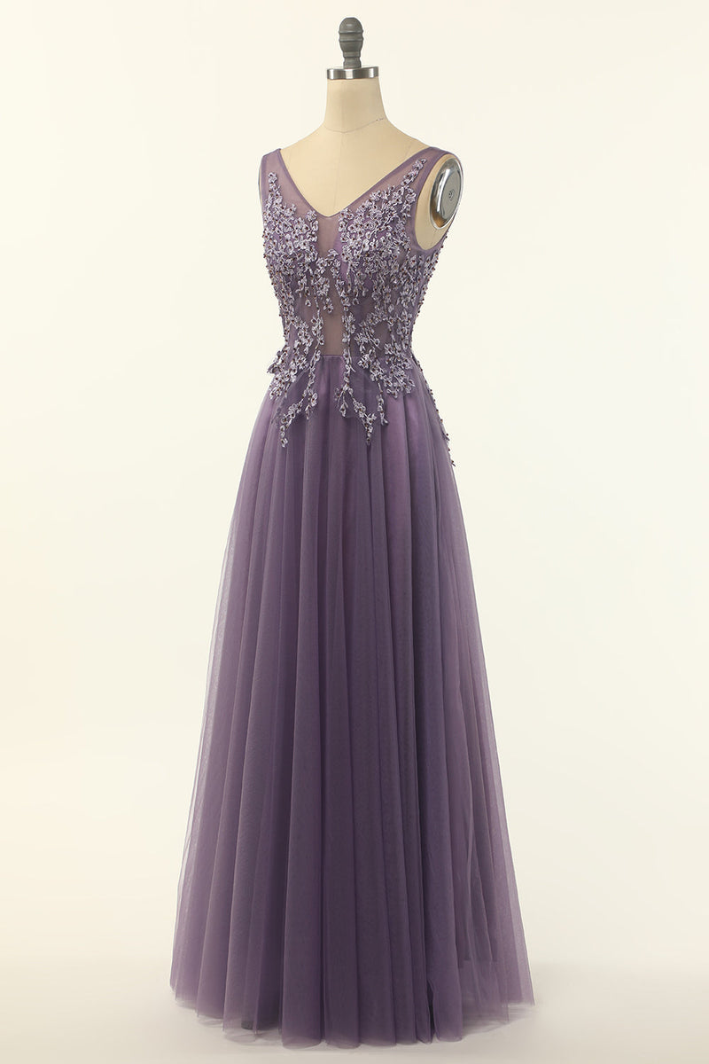 Load image into Gallery viewer, Tulle Purple A-line Prom Dress