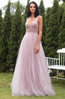 Load image into Gallery viewer, Deep V Neck Sparkly Blush Tulle Sequins Long Prom Dress