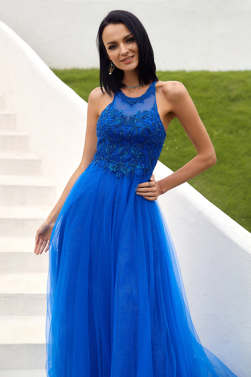 Load image into Gallery viewer, Tulle Royal Blue Halter Long Prom Dress with Appliques