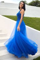 Load image into Gallery viewer, Tulle Royal Blue Halter Long Prom Dress with Appliques