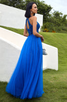 Load image into Gallery viewer, Tulle Royal Blue Halter Long Prom Dress with Appliques