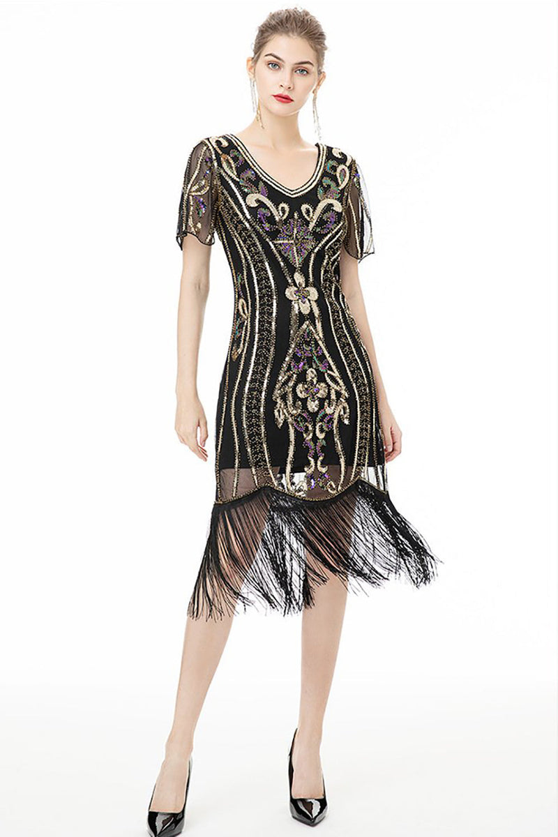 Queendancer Women Flapper Dress Black Fringes Sparkly 1920s Dress