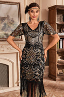 Load image into Gallery viewer, Black Golden V Neck Fringe 1920s Gatsby Dress With Sequins