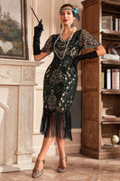 Load image into Gallery viewer, Black Golden V Neck Fringe 1920s Gatsby Dress With Sequins