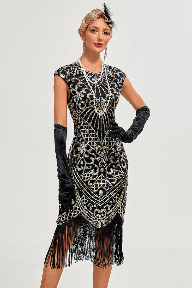 Load image into Gallery viewer, Sparkly Black Beaded Tassels 1920s Gatsby Dress