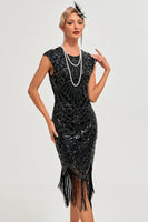 Load image into Gallery viewer, Women Sparkly Black Beaded Tassels 1920s Gatsby Dress Round Neck Flapper Dress