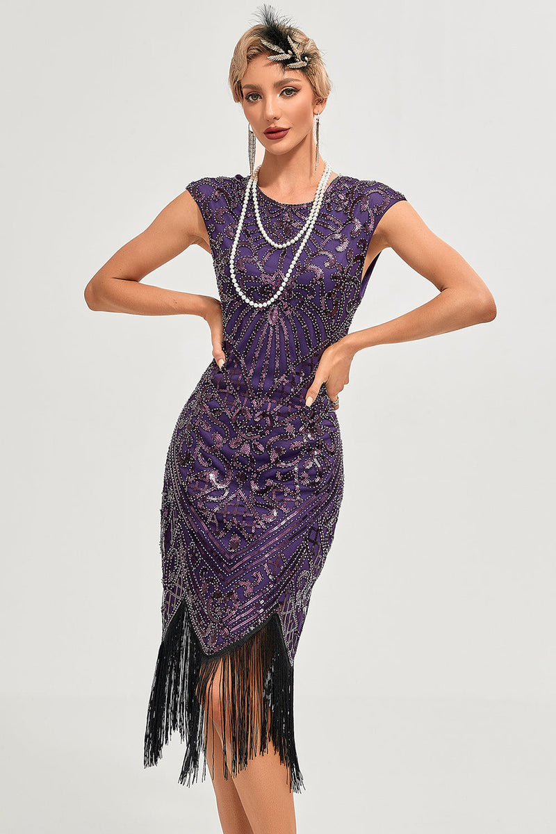 Load image into Gallery viewer, Sparkly Black Beaded Tassels 1920s Gatsby Dress
