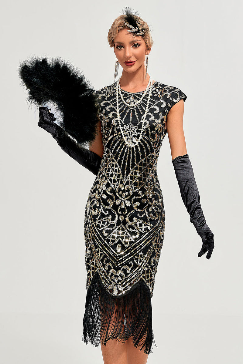 Load image into Gallery viewer, Sparkly Black Beaded Tassels 1920s Gatsby Dress