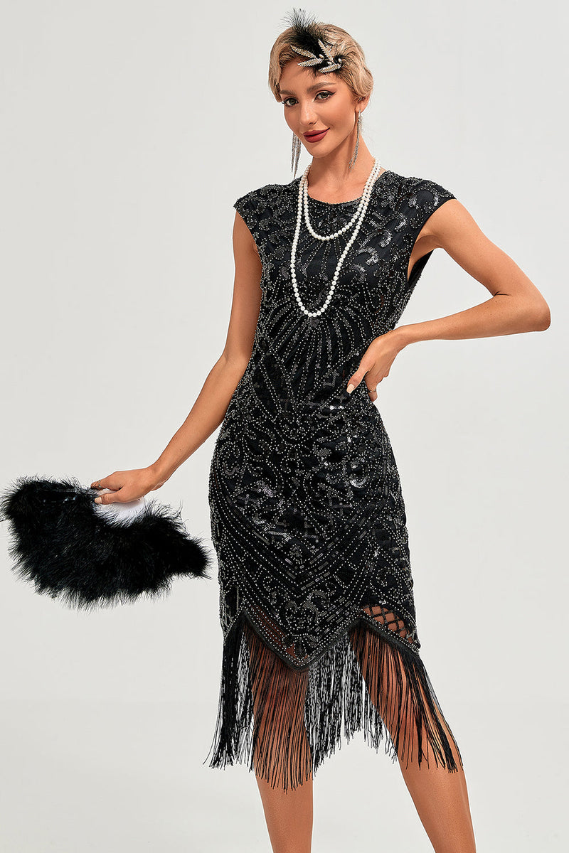 Load image into Gallery viewer, Sparkly Black Beaded Tassels 1920s Gatsby Dress