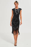 Load image into Gallery viewer, Sparkly Black Beaded Tassels 1920s Gatsby Dress
