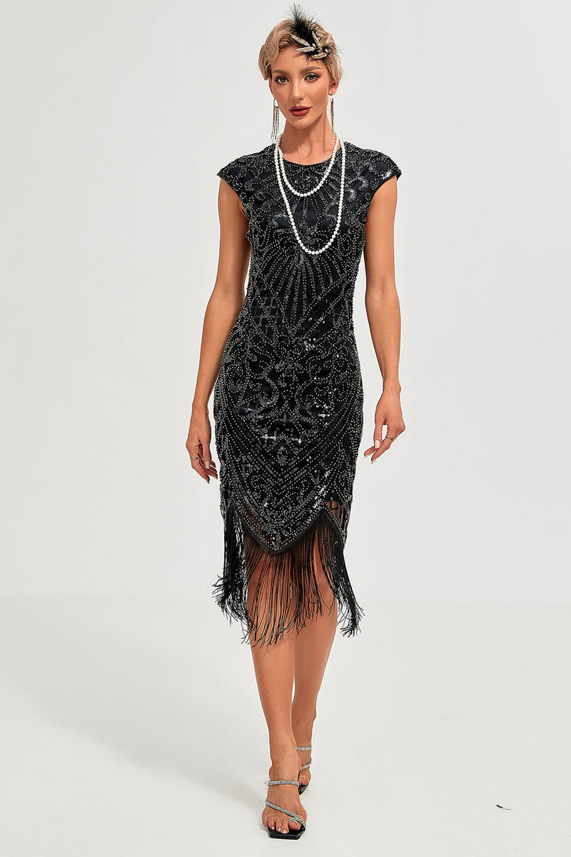 Load image into Gallery viewer, Sparkly Black Beaded Tassels 1920s Gatsby Dress