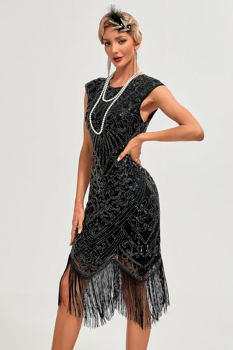 Load image into Gallery viewer, Sparkly Black Beaded Tassels 1920s Gatsby Dress