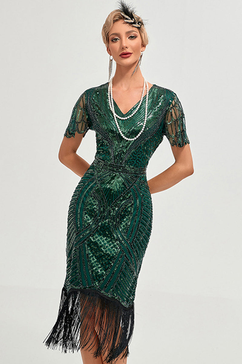 dark green fringe dress BABEYOND Floral Fringe Sequined Flapper Dress, 1920s Dresses, Dark Green, 20