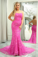 Load image into Gallery viewer, Fuchsia Mermaid Backless Long Prom Dress With Appliques