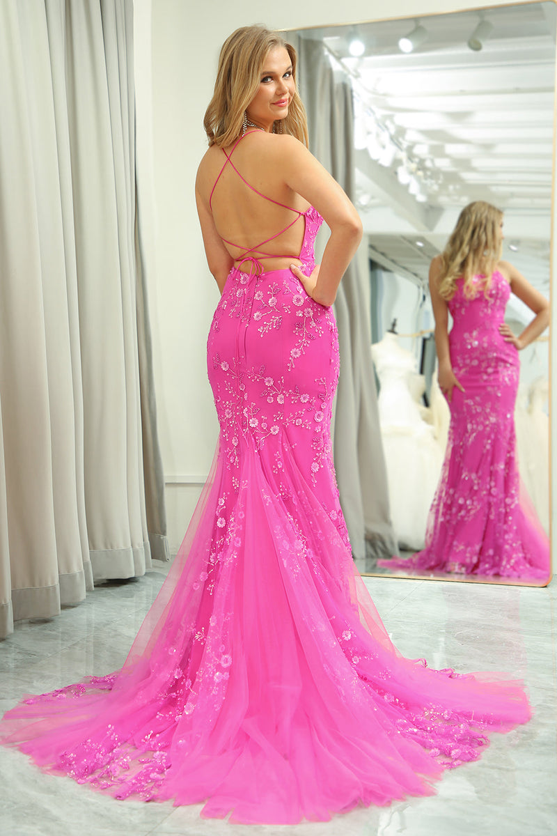 Load image into Gallery viewer, Fuchsia Mermaid Backless Long Prom Dress With Appliques