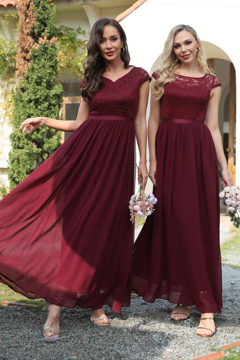 Queendancer Womem Burgundy Long Bridesmaid Dress A Line V-Neck