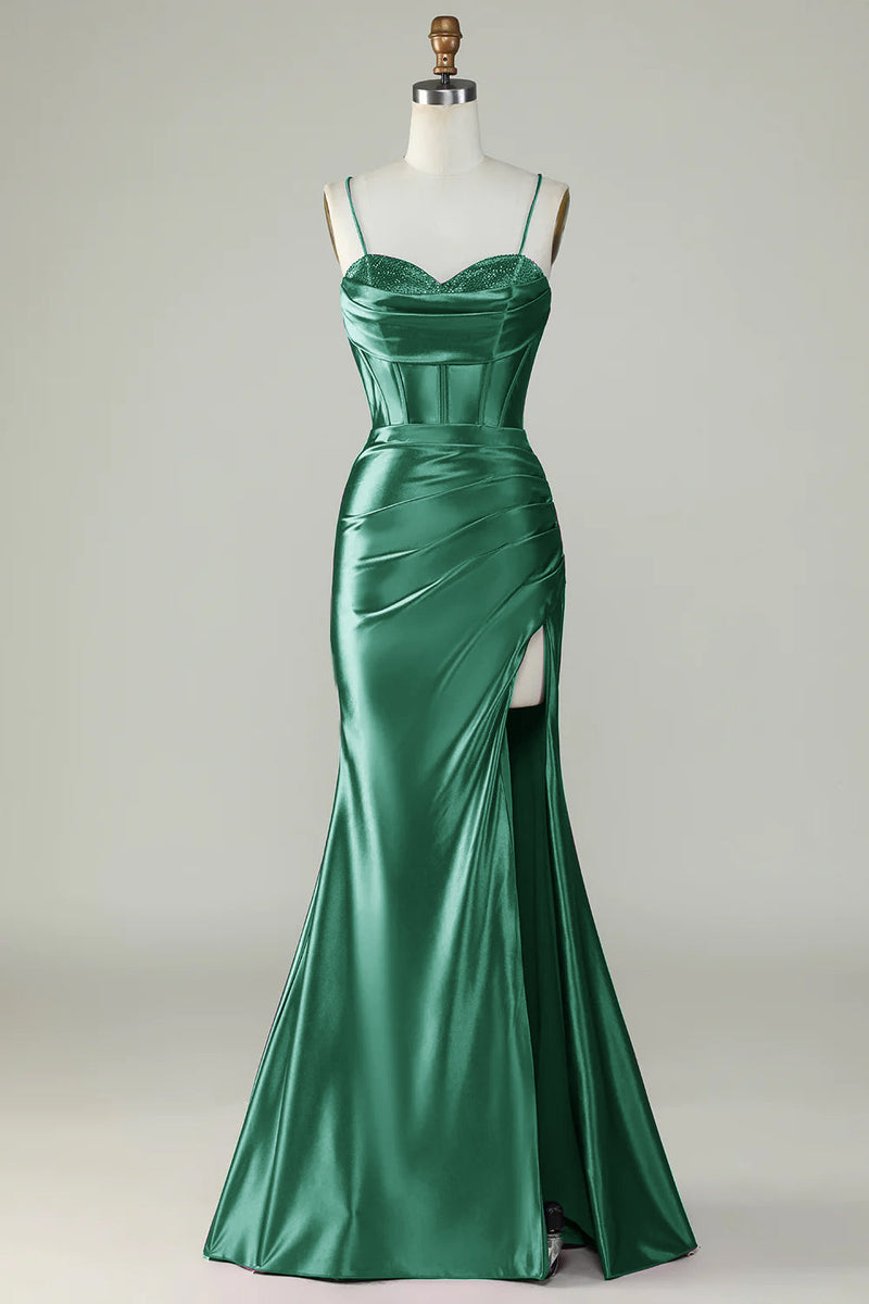 Load image into Gallery viewer, Orange Mermaid Spaghetti Straps Long Corset Prom Dress With Slit