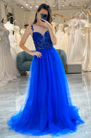 Load image into Gallery viewer, Royal Blue A Line Long Corset Prom Dress With Appliques