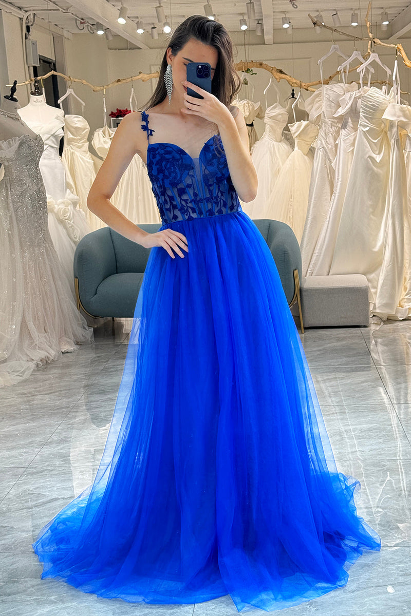 Load image into Gallery viewer, Royal Blue A Line Long Corset Prom Dress With Appliques