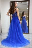 Load image into Gallery viewer, A Line Royal Blue Long Corset Prom Dress With Appliques