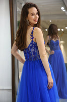 Load image into Gallery viewer, A Line Royal Blue Long Corset Prom Dress With Appliques