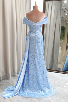 Glitter Light Blue Sheath Long Sequined Prom Dress With Slit