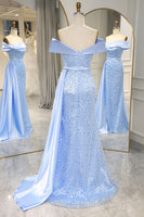 Load image into Gallery viewer, Sparkly Light Blue Long Sequined Prom Dress With Slit