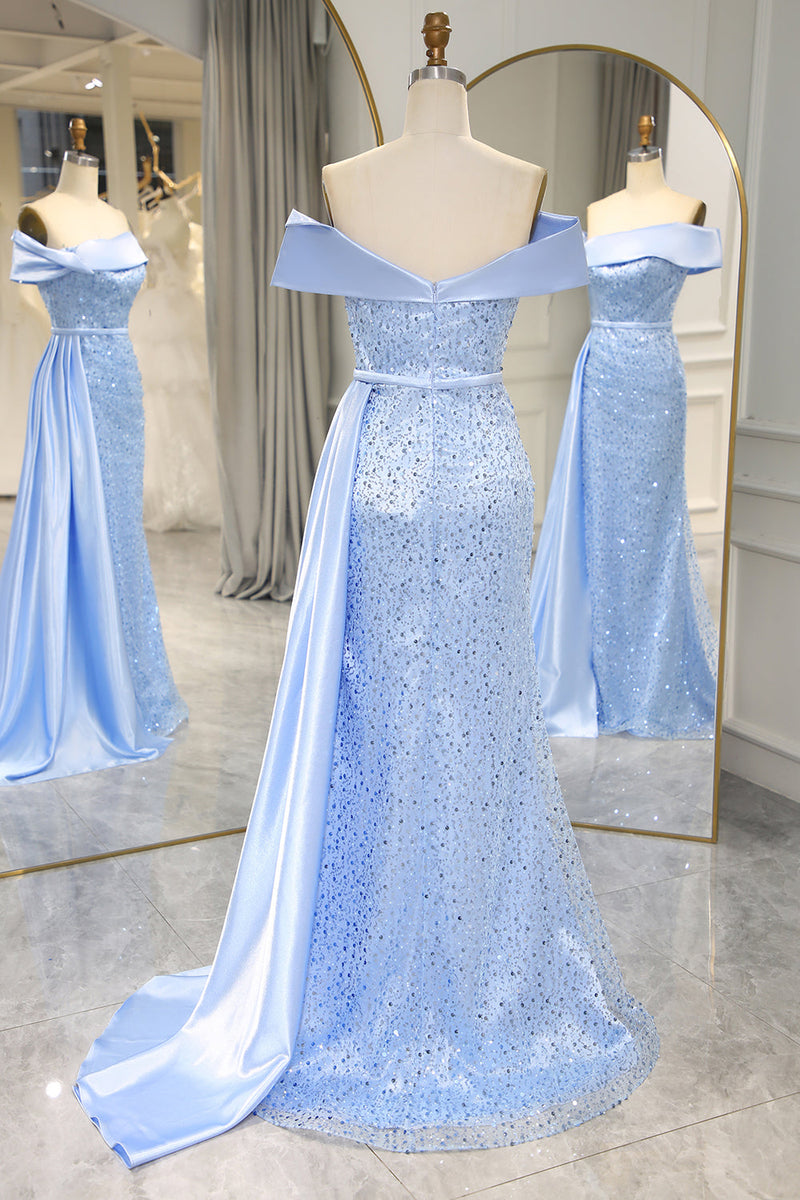 Load image into Gallery viewer, Sparkly Light Blue Long Sequined Prom Dress With Slit