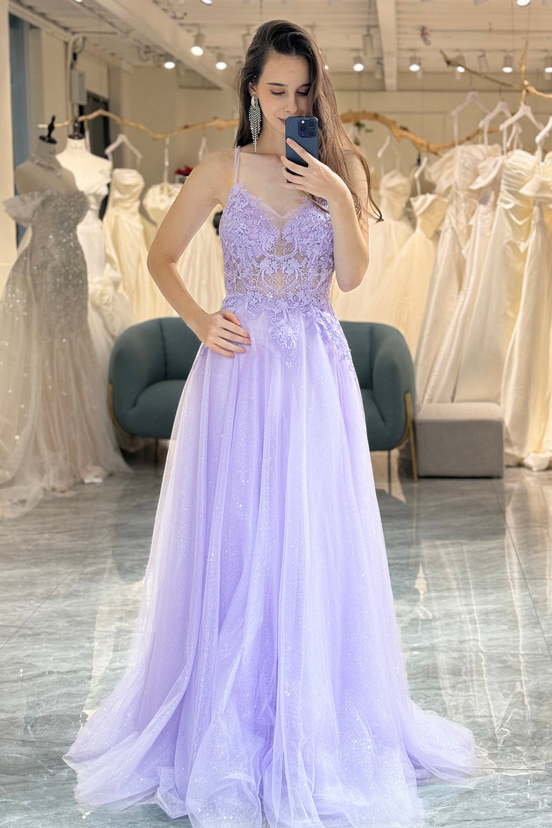 Load image into Gallery viewer, A Line Light Purple Long Prom Dress With Appliques