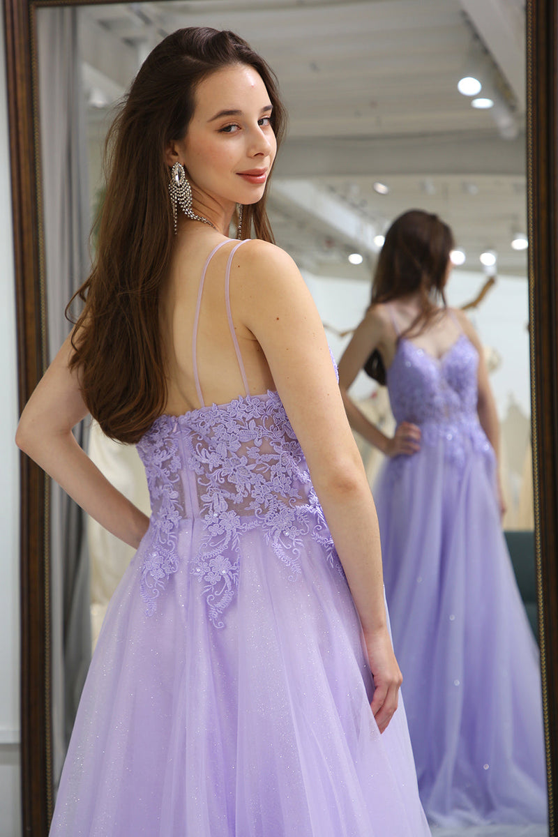 Load image into Gallery viewer, Light Purple A Line Long Prom Dress With Appliques
