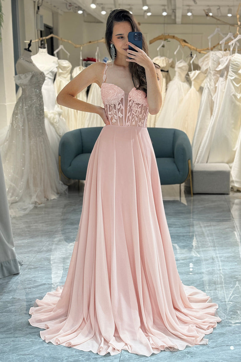 Load image into Gallery viewer, Light Pink Backless Long Corset Prom Dress With Appliques