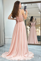 Load image into Gallery viewer, Light Pink Backless Long Corset Prom Dress With Appliques