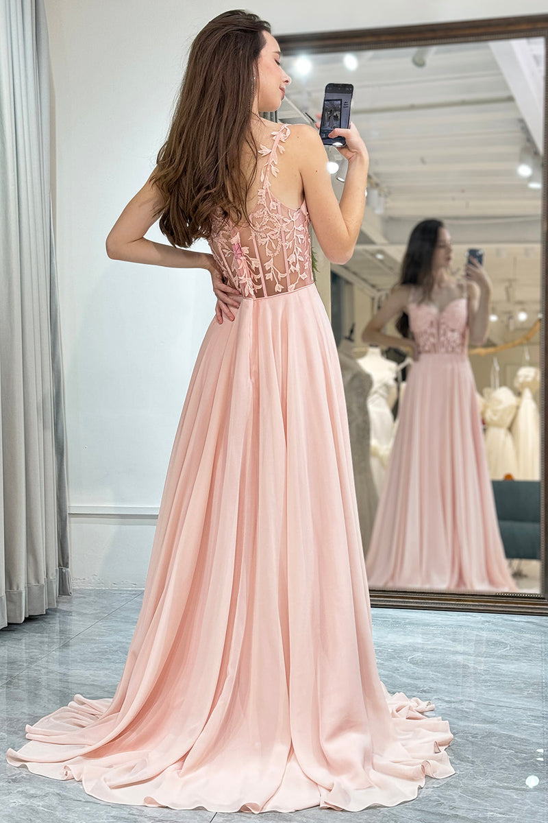 Load image into Gallery viewer, Light Pink Backless Long Corset Prom Dress With Appliques