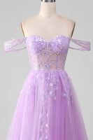 Load image into Gallery viewer, Lavender A Line Tulle Off the Shoulder Prom Dress with Slit