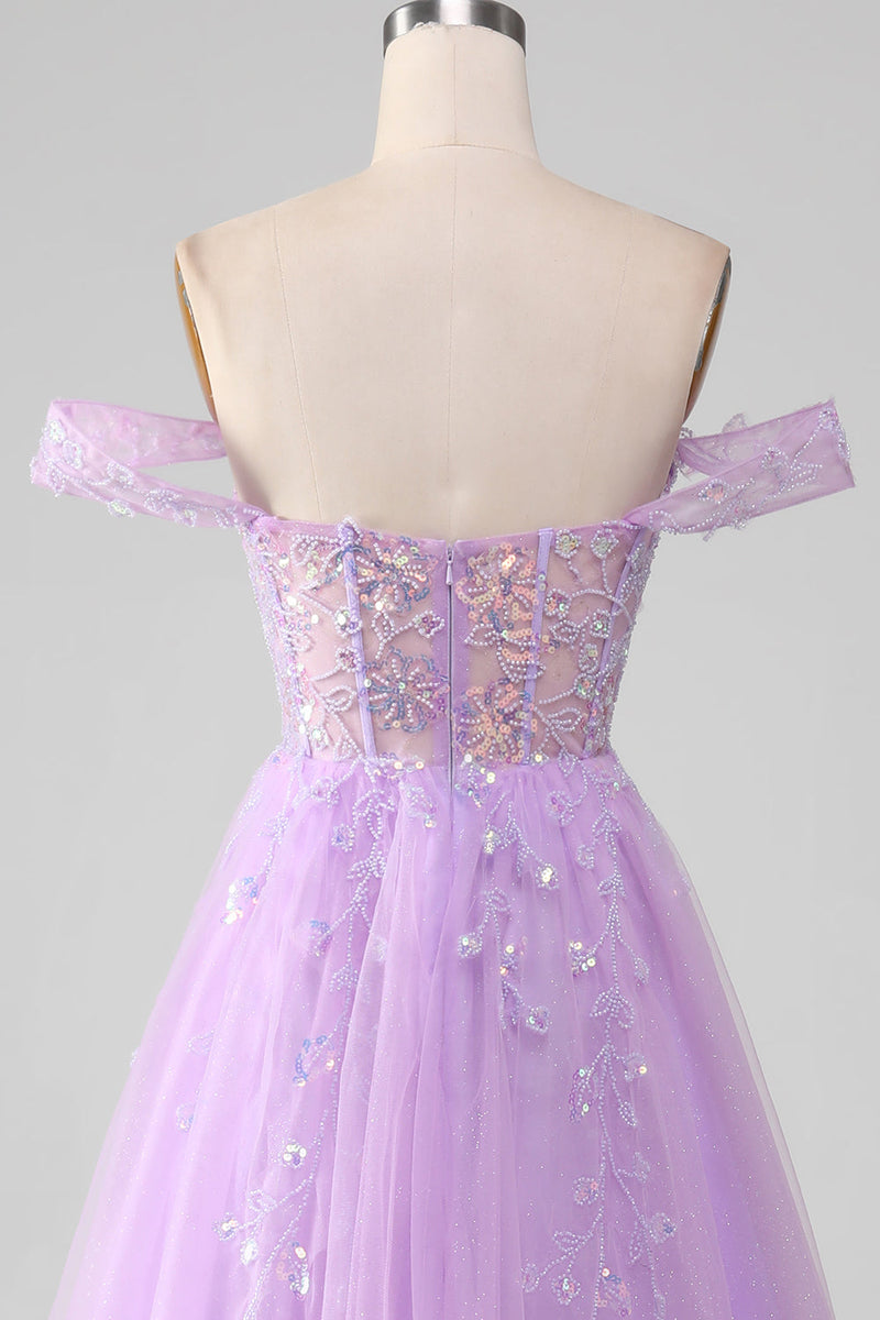 Load image into Gallery viewer, Lavender A Line Tulle Off the Shoulder Prom Dress with Slit