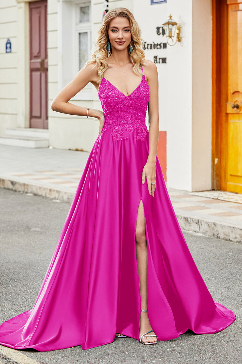 Queendancer Women Fuchsia Prom Dress A-Line Spaghetti Straps Long Evening  Party Dress with Slit – queendanceruk