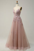 Load image into Gallery viewer, A-Line Spaghetti Straps Grey Blue Lace-Up Back Long Prom Dress with Appliques