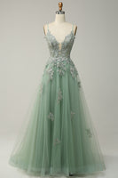 Load image into Gallery viewer, A-Line Spaghetti Straps Blush Long Prom Dress with Appliques