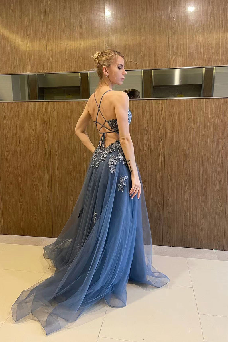 Queendancer Women Grey Blue Long Prom Dress with Appliques A-Line Spaghetti Straps Lace-Up Back Formal Dress queendanceruk Queendancer Women Grey Blue Long Prom Dress with Appliques A-Line Spaghetti Straps Lace-Up Back Formal Dress queendanceruk