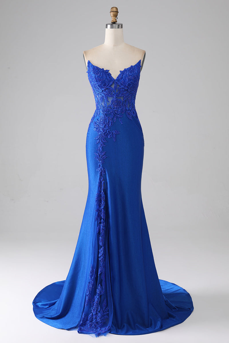 Queendancer Women Royal Blue Prom Dress Mermaid Strapless Long Beaded