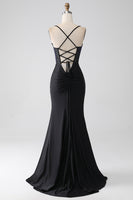 Load image into Gallery viewer, Black Mermaid Spaghetti Straps Long Corset Prom Dress With Beading