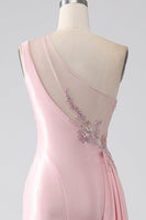 Load image into Gallery viewer, Pink Mermaid One Shoulder Sequins Appliques Ruched Prom Dress With Slit