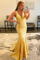 Load image into Gallery viewer, Light Blue Deep V Neck Mermaid Prom Dress