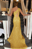 Load image into Gallery viewer, Sheath One Shoulder Navy Sequins Long Prom Dress with Split Front