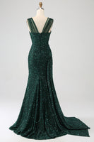 Load image into Gallery viewer, Dark Green Sheath Sparkly Sequin Pleated Long Prom Dress With Thigh Split