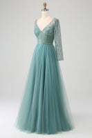 Load image into Gallery viewer, Grey Green A-Line Sparkly Sequin Long Corset Prom Dress